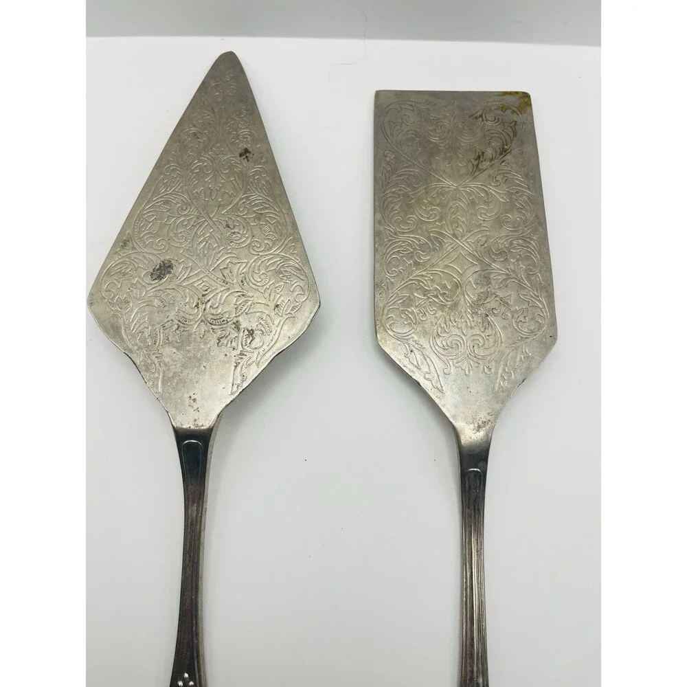 Vintage Silverplate Cake & Pie Server Set Ornate Engraved Floral